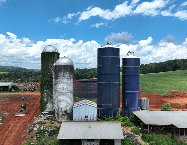 main silos at Alaron Farms in North Garden, VA